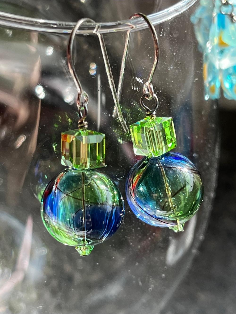 Blown Glass + Swarovski Cube Earrings • Sterling Wrapped • One‑of‑a‑Kind